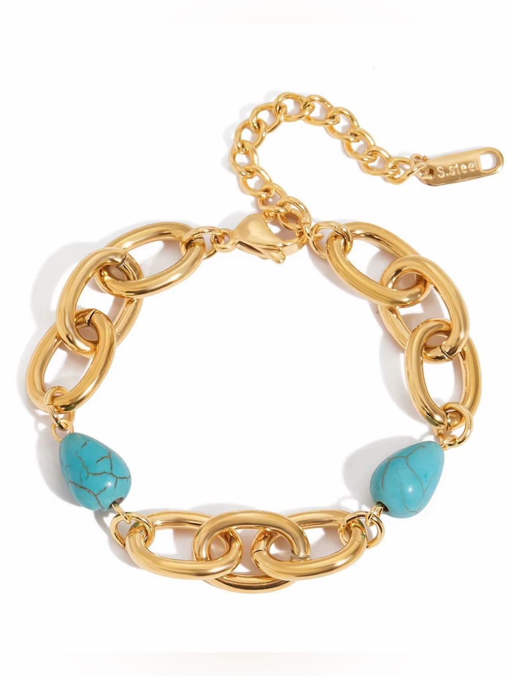 18K Gold Plated Chunky Link Turquoise Beaded Bracelet